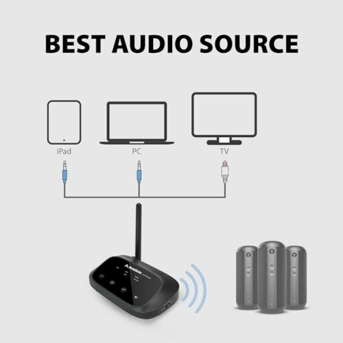 Diagram of audio source setup with iPad, PC, and TV connected to a wireless audio transmitter.