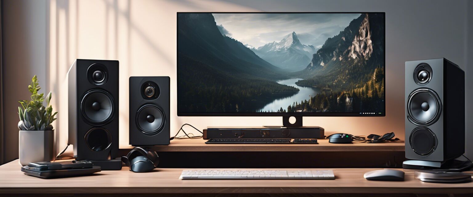 Desktop setup featuring high-quality monitor speakers