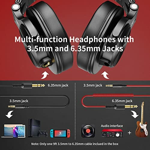 Headphones with 3.5mm and 6.35mm jacks, compatible with various devices.