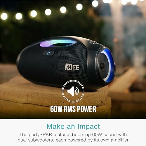 Portable Bluetooth speaker with 60W RMS power and dual subwoofers.