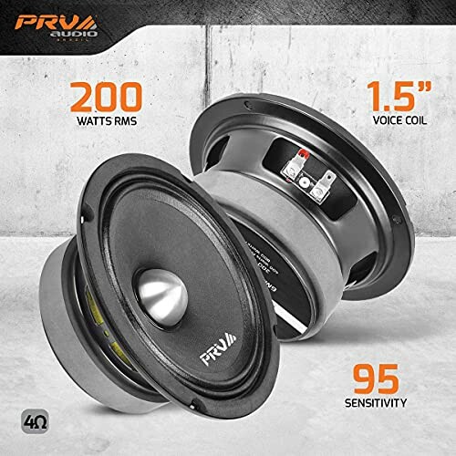 PRV audio speakers with specifications: 200 watts RMS, 1.5-inch voice coil, 95 sensitivity.