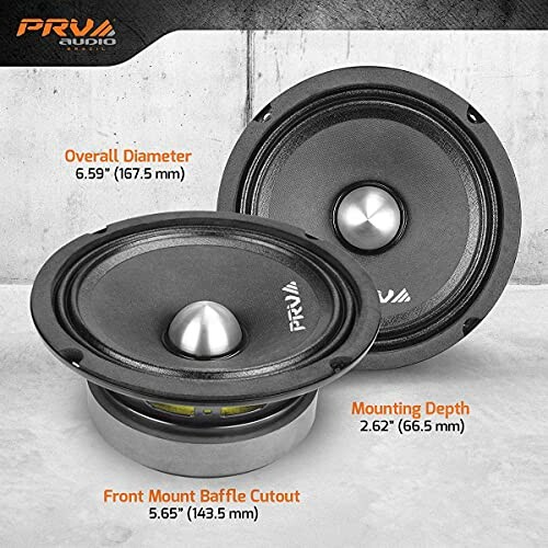 PRV audio speakers with dimensions displayed.