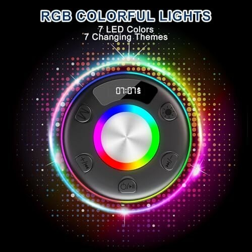 Circular RGB speaker with colorful LED lights and control buttons.