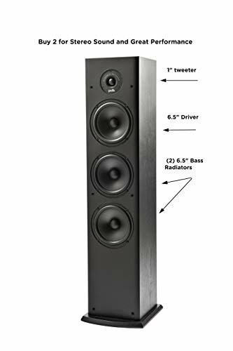 Tall black tower speaker with labeled components including tweeter, driver, and bass radiators.