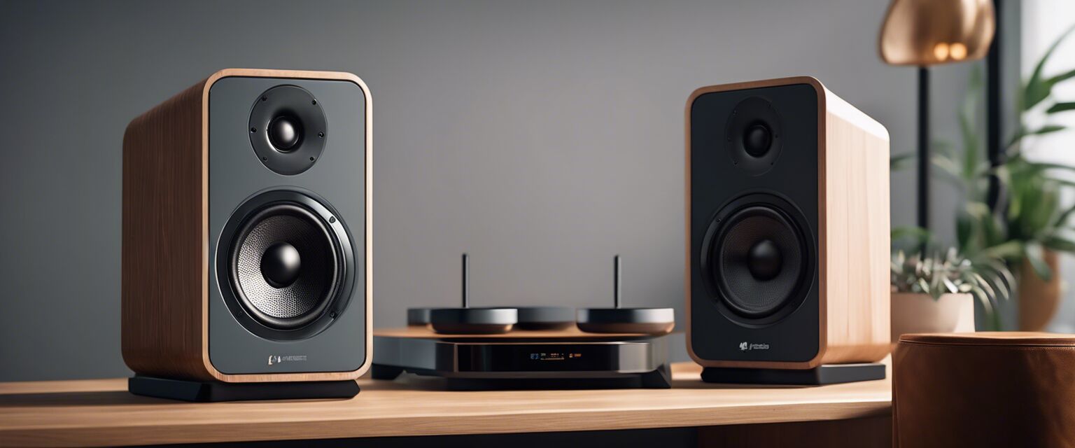 Modern wireless desktop speakers on a sleek desk